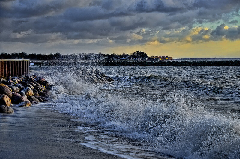 Waves Crashing on Rocks — Gray, Dramatic, Sunset