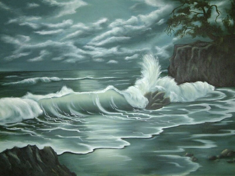 Waves Crashing on Rocks — Green, Dramatic, Painting