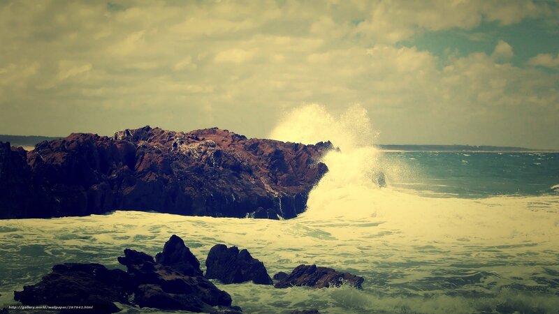 Waves Crashing on Rocks — Green, Dramatic, Photograph, Ocean, Clouds