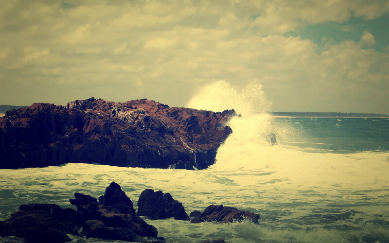 Waves Crashing on Rocks — Green, Dramatic, Photograph