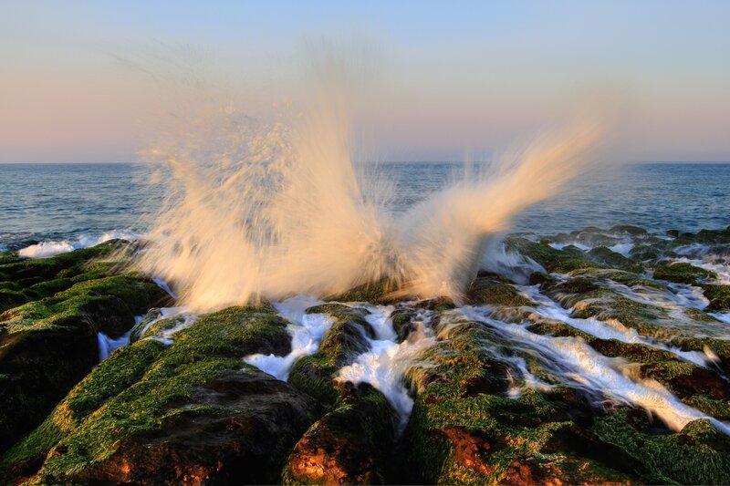 Waves Crashing on Rocks — Green, Dramatic, Sunset, Photograph, Ocean, Moss