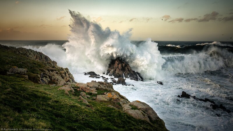 Waves Crashing on Rocks — Green, Dramatic, Sunset, Photograph, Ocean, Sky, Grass