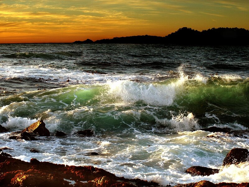 Waves Crashing on Rocks — Green, Dramatic, Sunset, Photograph, Ocean, Sky