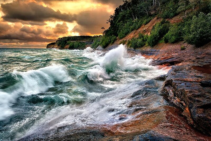Waves Crashing on Rocks — Green, Dramatic, Sunset, Photograph, Ocean