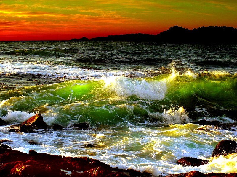 Waves Crashing on Rocks — Green, Dramatic, Sunset, Photograph