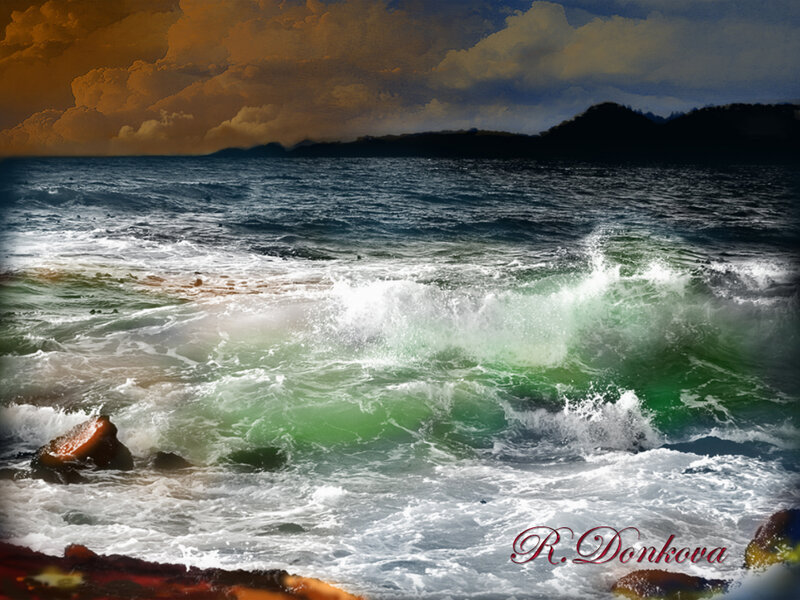 Waves Crashing on Rocks — Green, Dramatic, Sunset