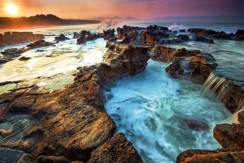 Waves Crashing on Rocks — Orange, Dramatic, Sunrise, Photograph, Ocean