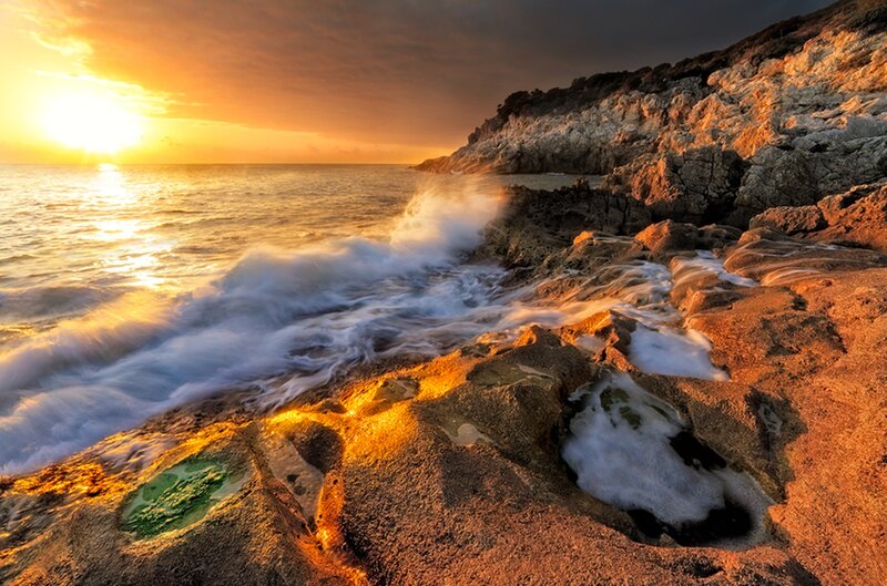 Waves Crashing on Rocks — Orange, Dramatic, Sunrise, Photograph