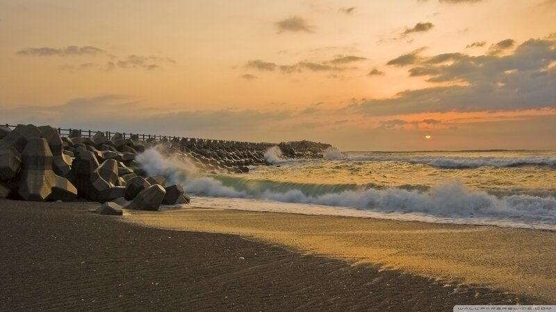 Waves Crashing on Rocks — Orange, Dramatic, Sunset, Photograph, Beach