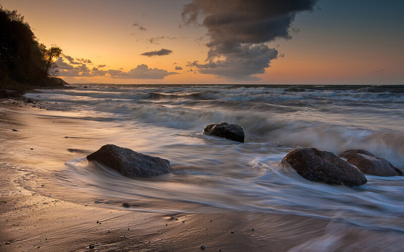 Waves Crashing on Rocks — Orange, Dramatic, Sunset, Photograph, Beach, Trees