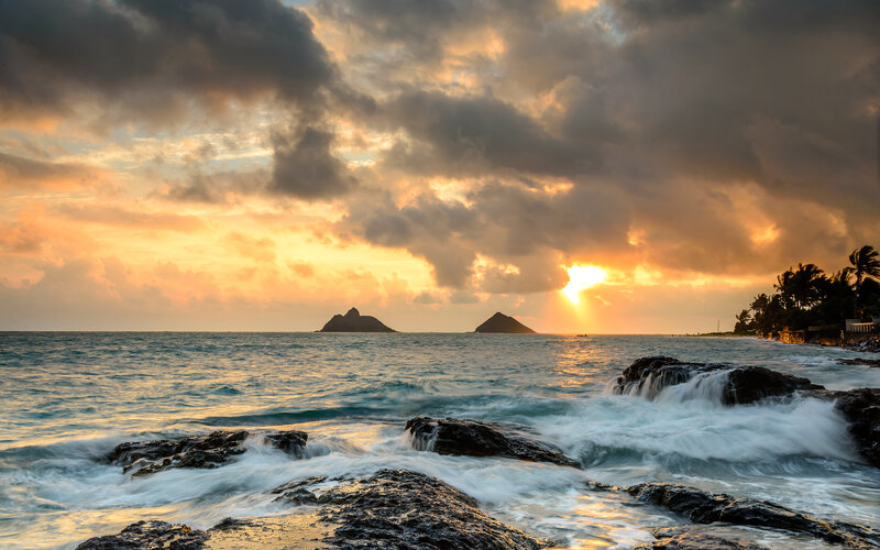 Waves Crashing on Rocks — Orange, Dramatic, Sunset, Photograph, Islands
