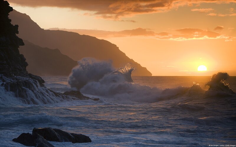Waves Crashing on Rocks — Orange, Dramatic, Sunset, Photograph, Mountain, Sun