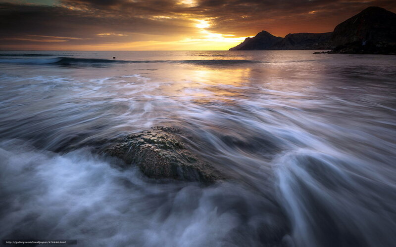 Waves Crashing on Rocks — Orange, Dramatic, Sunset, Photograph, Mountain
