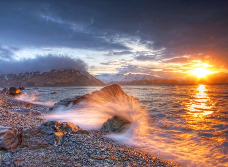 Waves Crashing on Rocks — Orange, Dramatic, Sunset, Photograph, Mountains