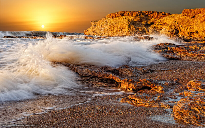 Waves Crashing on Rocks — Orange, Dramatic, Sunset, Photograph, Ocean, Cliffs