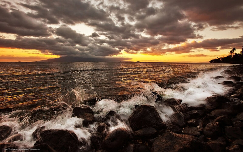 Waves Crashing on Rocks — Orange, Dramatic, Sunset, Photograph, Ocean, Clouds, Island