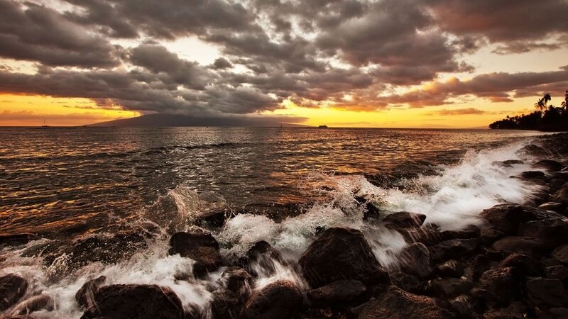 Waves Crashing on Rocks — Orange, Dramatic, Sunset, Photograph, Ocean, Clouds, Mountain