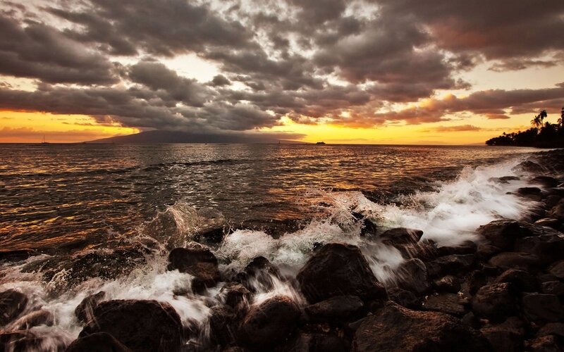Waves Crashing on Rocks — Orange, Dramatic, Sunset, Photograph, Ocean, Clouds