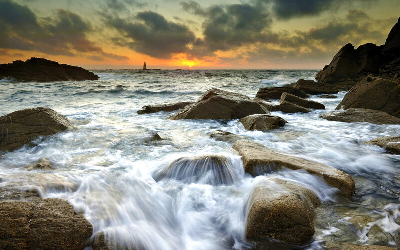 Waves Crashing on Rocks — Orange, Dramatic, Sunset, Photograph, Ocean, Lighthouse