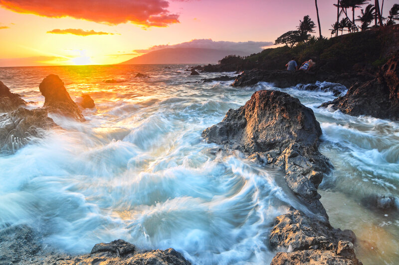 Waves Crashing on Rocks — Orange, Dramatic, Sunset, Photograph, Ocean, Mountain, Palm Trees