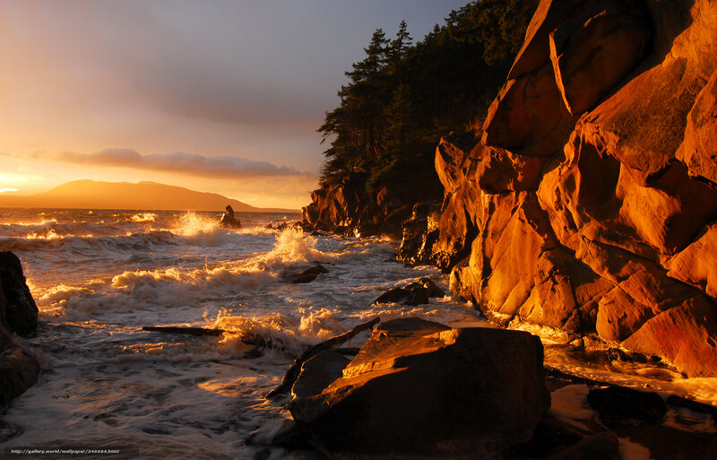 Waves Crashing on Rocks — Orange, Dramatic, Sunset, Photograph, Ocean, Mountain, Trees