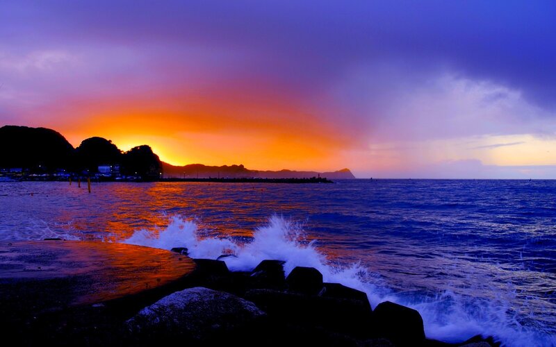 Waves Crashing on Rocks — Orange, Dramatic, Sunset, Photograph, Ocean, Mountains