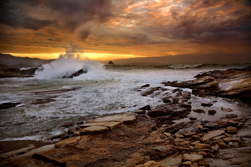 Waves Crashing on Rocks — Orange, Dramatic, Sunset, Photograph, Ocean, Sky, Brown, Gray