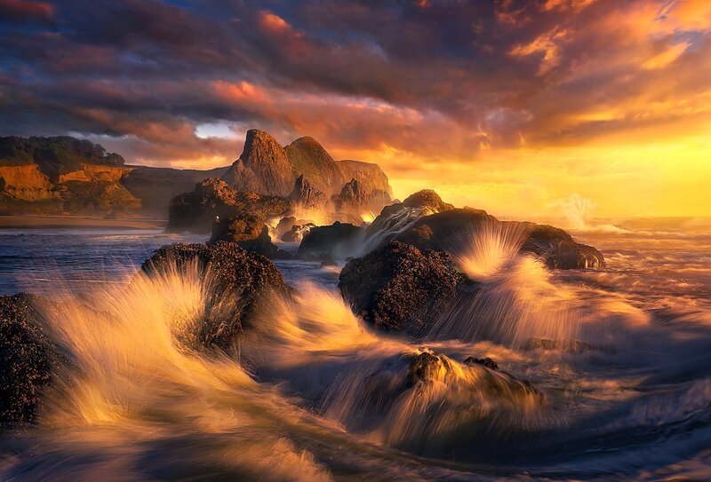 Waves Crashing on Rocks — Orange, Dramatic, Sunset, Photograph, Ocean, Sky, Cliffs