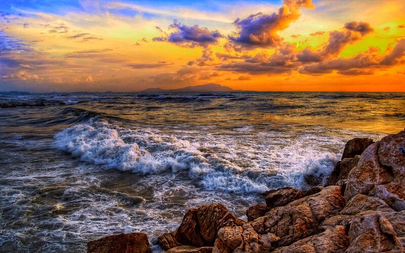 Waves Crashing on Rocks — Orange, Dramatic, Sunset, Photograph, Ocean, Sky, Clouds, Mountain