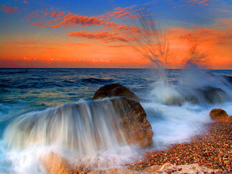 Waves Crashing on Rocks — Orange, Dramatic, Sunset, Photograph, Ocean, Sky, Pebbles