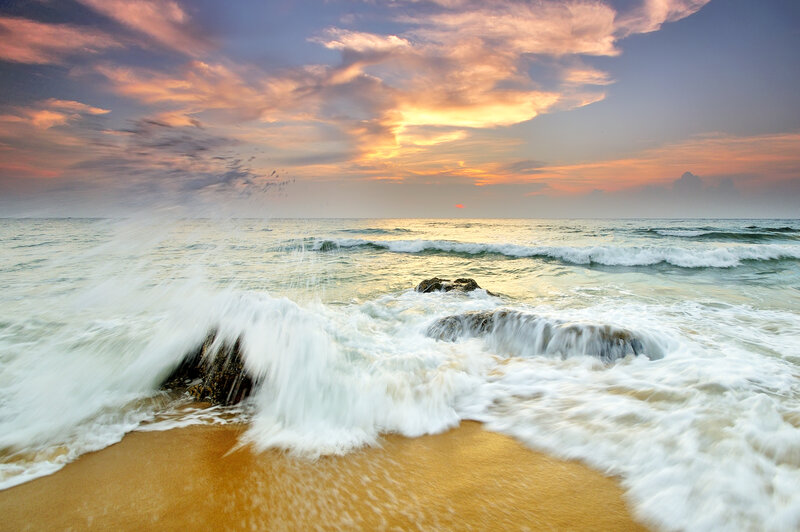 Waves Crashing on Rocks — Orange, Dramatic, Sunset, Photograph, Ocean, Sky, Sand