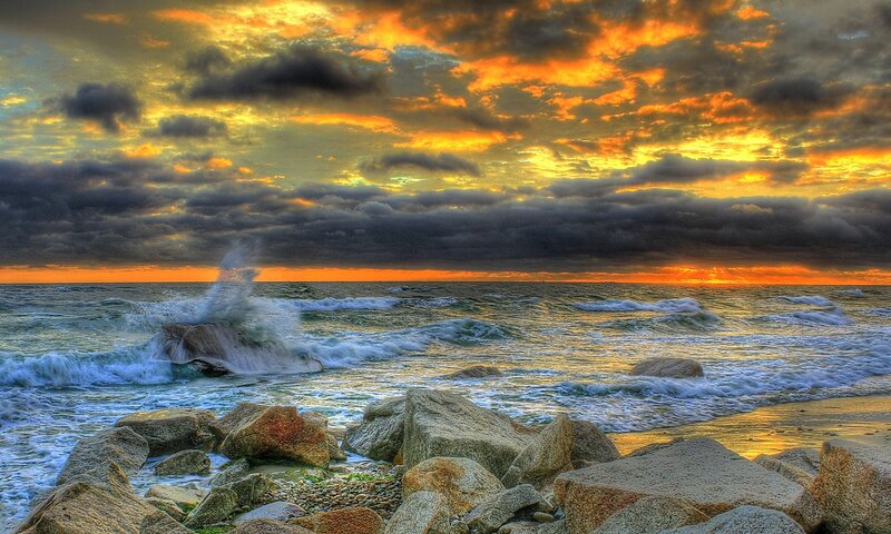 Waves Crashing on Rocks — Orange, Dramatic, Sunset, Photograph, Ocean, Sky