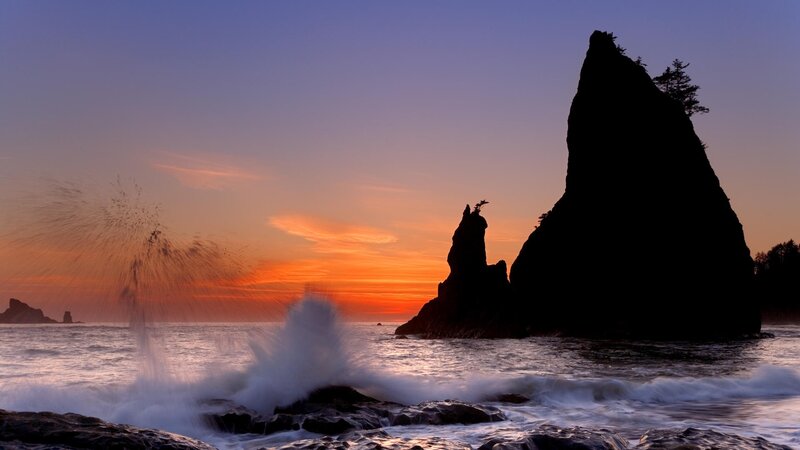 Waves Crashing on Rocks — Orange, Dramatic, Sunset, Photograph, Ocean, Sky, Trees