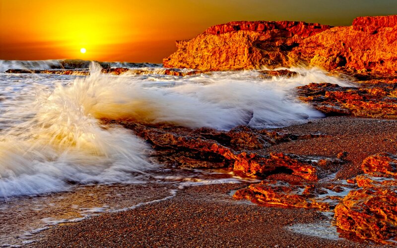 Waves Crashing on Rocks — Orange, Dramatic, Sunset, Photograph, Ocean, Sun, Cliffs