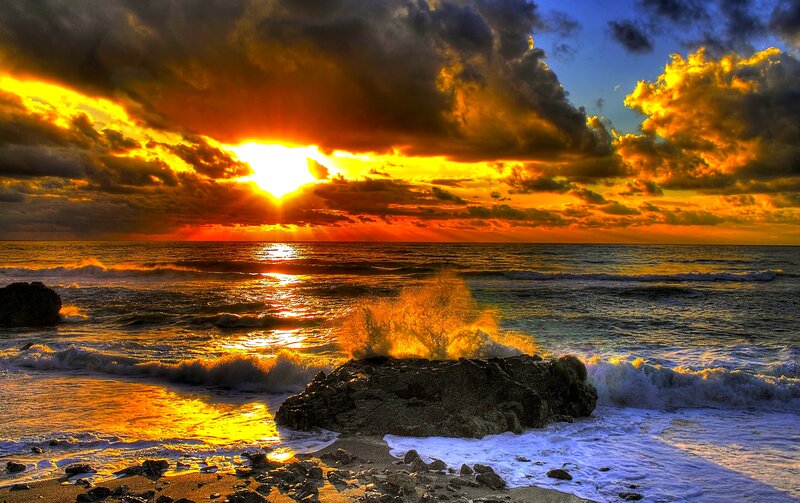 Waves Crashing on Rocks — Orange, Dramatic, Sunset, Photograph, Ocean, Sun, Clouds, Beach