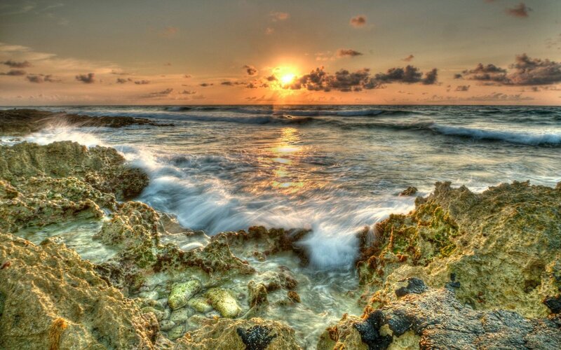 Waves Crashing on Rocks — Orange, Dramatic, Sunset, Photograph, Ocean, Sun, Clouds, Blue