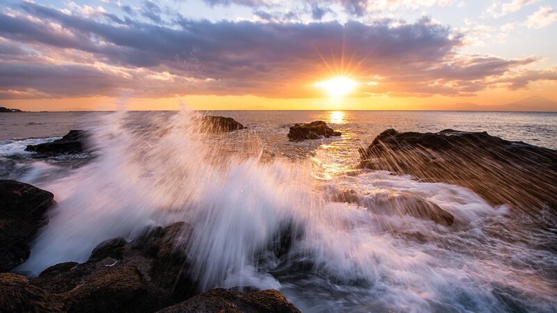 Waves Crashing on Rocks — Orange, Dramatic, Sunset, Photograph, Ocean, Sun, Clouds, Blue, White