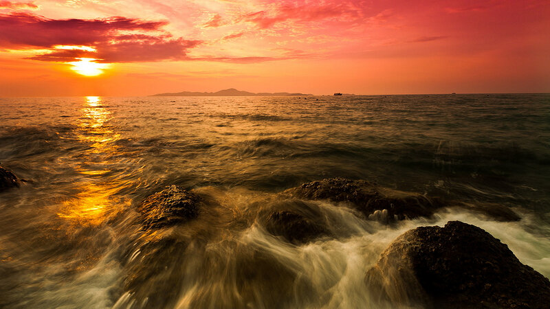 Waves Crashing on Rocks — Orange, Dramatic, Sunset, Photograph, Ocean, Sun, Sky