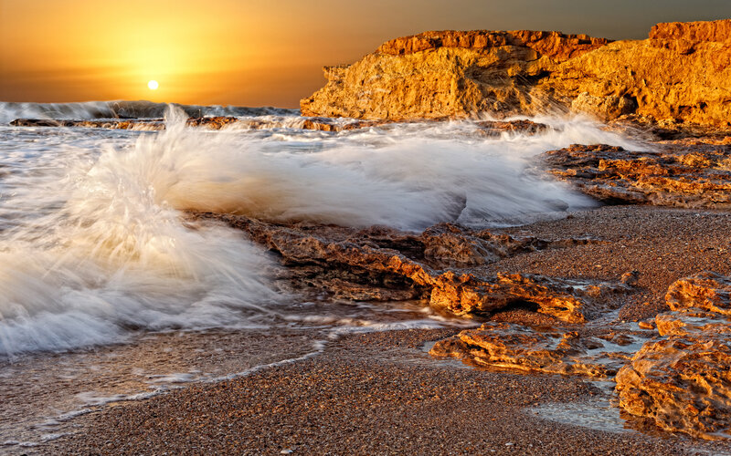 Waves Crashing on Rocks — Orange, Dramatic, Sunset, Photograph, Ocean, Sun