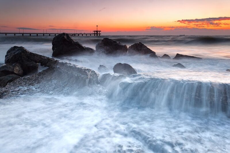 Waves Crashing on Rocks — Orange, Dramatic, Sunset, Photograph, Ocean