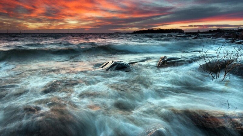 Waves Crashing on Rocks — Orange, Dramatic, Sunset, Photograph, Sky