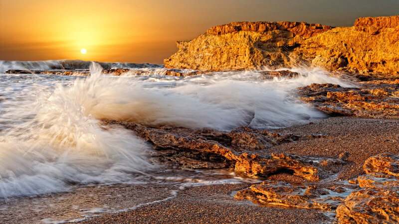 Waves Crashing on Rocks — Orange, Dramatic, Sunset, Photograph, Sun, Ocean, Cliff