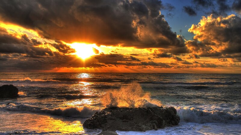 Waves Crashing on Rocks — Orange, Dramatic, Sunset, Photograph, Sun, Ocean, Clouds