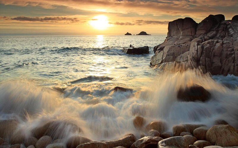 Waves Crashing on Rocks — Orange, Dramatic, Sunset, Photograph, Sun, Ocean, Kayaker