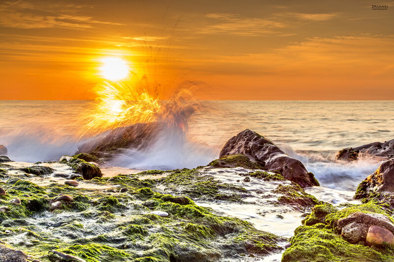 Waves Crashing on Rocks — Orange, Dramatic, Sunset, Photograph, Sun, Ocean, Moss