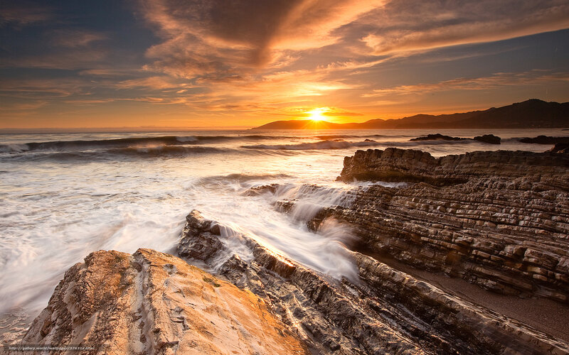 Waves Crashing on Rocks — Orange, Dramatic, Sunset, Photograph, Sun, Ocean, Mountains