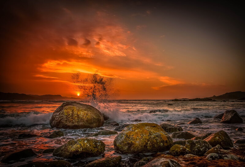 Waves Crashing on Rocks — Orange, Dramatic, Sunset, Photograph, Sun, Ocean, Sky