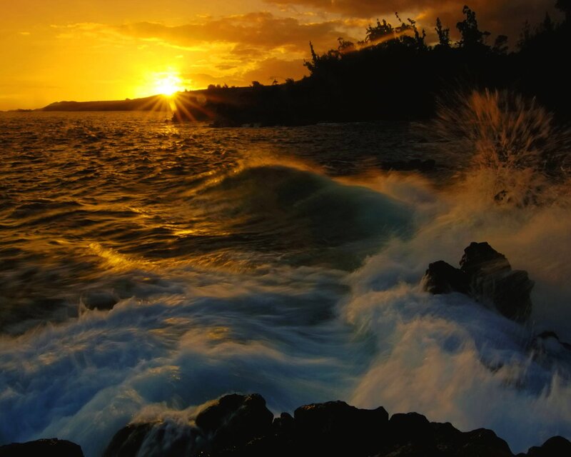 Waves Crashing on Rocks — Orange, Dramatic, Sunset, Photograph, Sun, Ocean