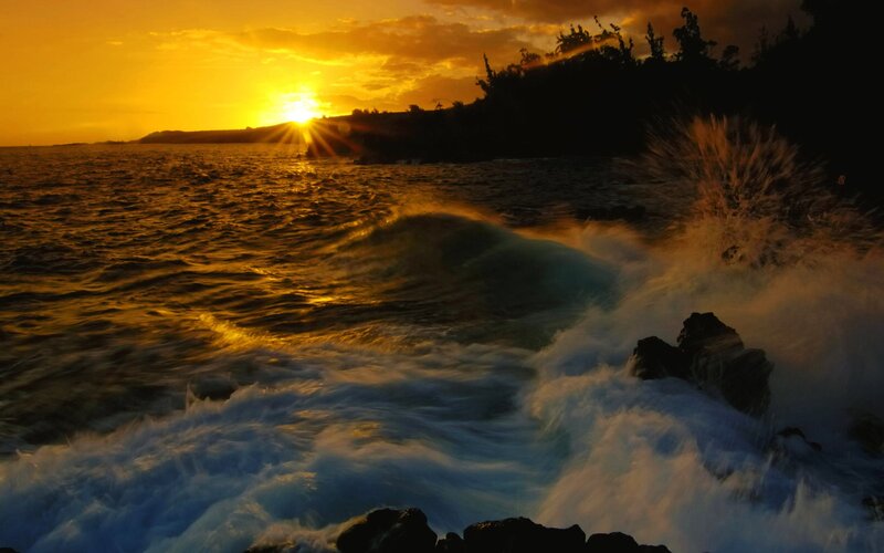 Waves Crashing on Rocks — Orange, Dramatic, Sunset, Photograph, Sun, Ocean, Trees