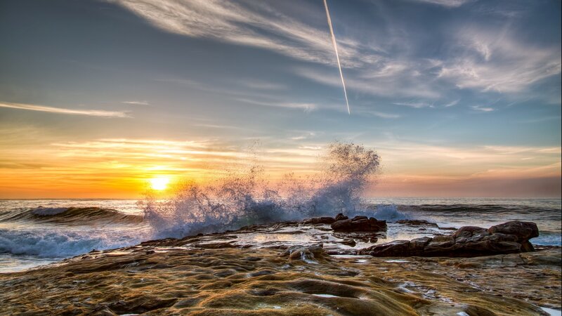 Waves Crashing on Rocks — Orange, Dramatic, Sunset, Photograph, Sun, Sky